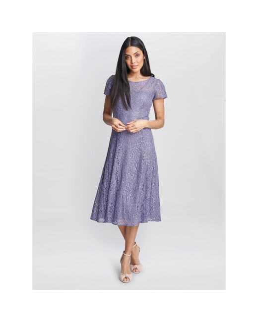 Gina Bacconi Purple Genny Cap Sleeve Midi Sequin Lace Dress