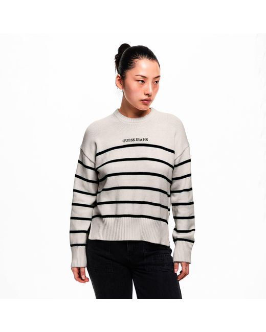 Guess White Stripe Knitted Crew Neck Jumper