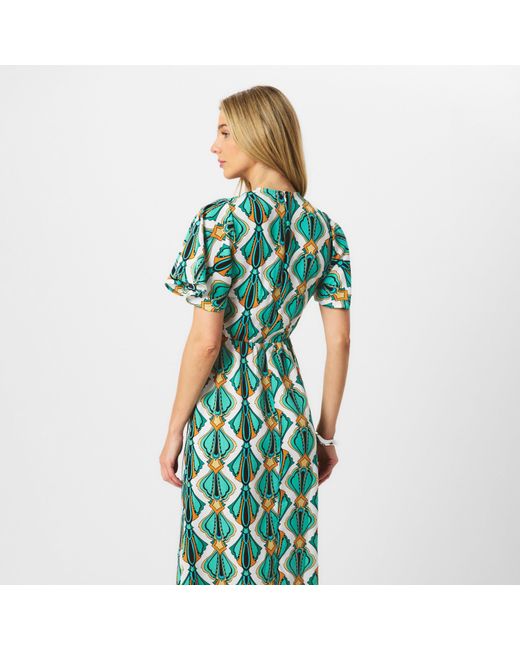 AX Paris Green Print V Neck Tie Detail Short Sleeve Midi Dress