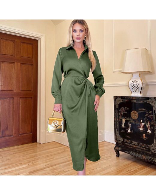 AX Paris Green Wrap Satin Shirt Midi Dress