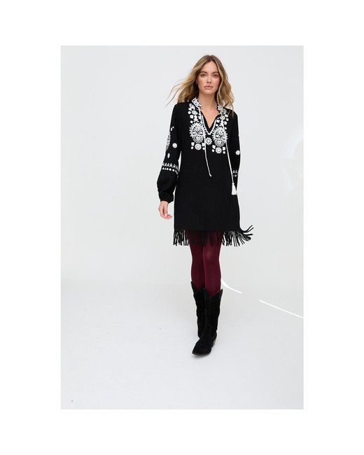 Raffya Black Katie Fringe Embroidered Mini Dress