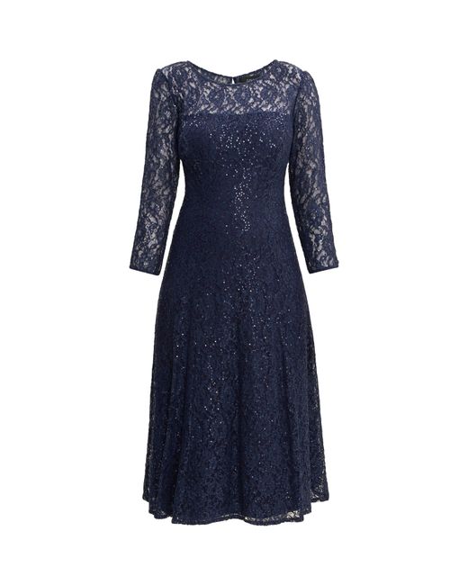 Gina Bacconi Blue Elianna Midi Sequin Lace Cocktail Dress