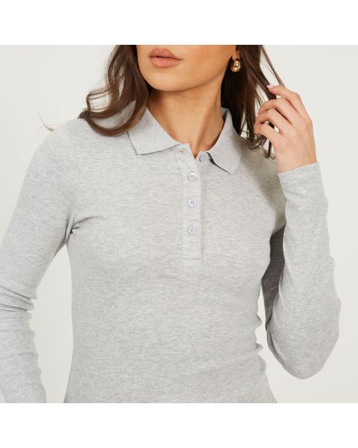 Brave Soul Gray Bs Long Sleeve Ribbed Top With Collar
