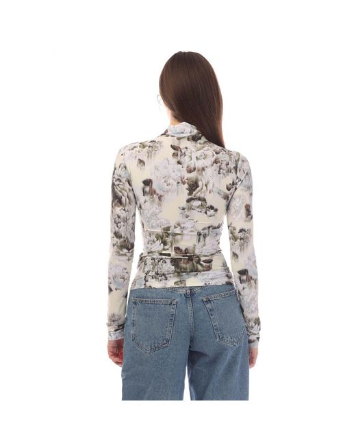 Off-White c/o Virgil Abloh Gray Sec Skin Twist Long-Sleeve Top, Chinese Flower Pattern