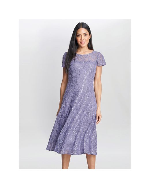 Gina Bacconi Purple Genny Cap Sleeve Midi Sequin Lace Dress