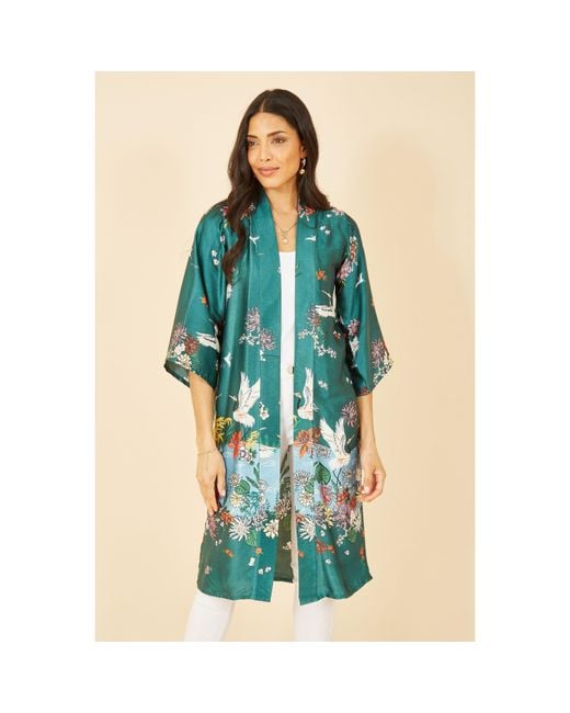 Yumi' Blue Satin Crane Border Kimono