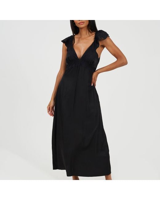 Brave Soul Black Lace Trim V-Neck Midi Dress With Frill