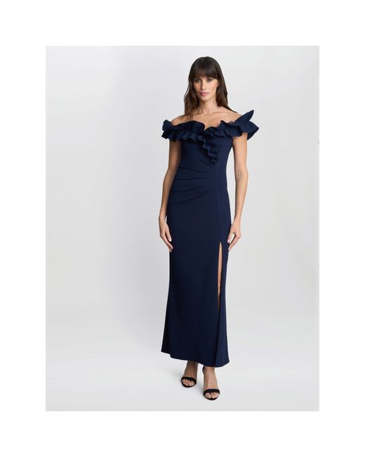 Gina Bacconi Blue Viola Ruffle Top Maxi Dress