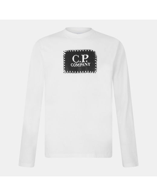 C P Company White Cotton Long Sleeve Crew Neck T-Shirt for men