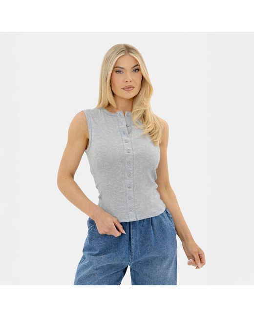 I Saw It First Gray Ribbed Sleeveless Button Front Top