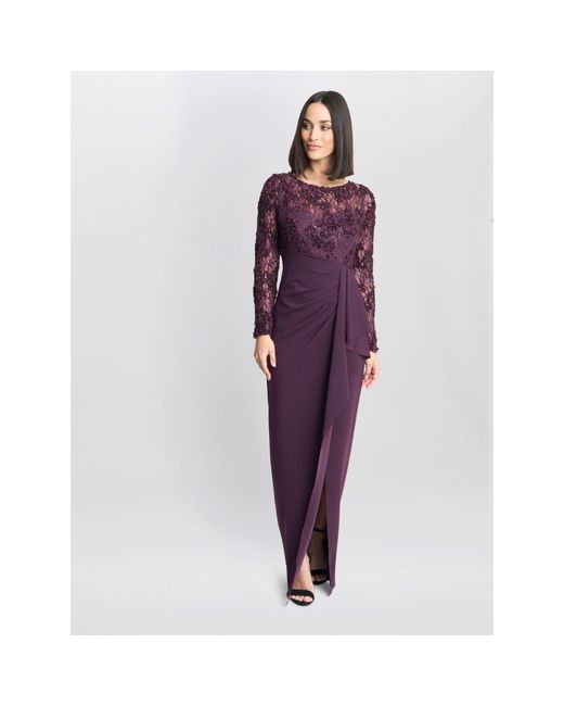 Gina Bacconi Purple Keeley Lace Bodice & Sleeve Maxi Dress