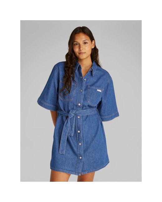 Calvin Klein Blue Linen Boxy Belted Wrap Dress