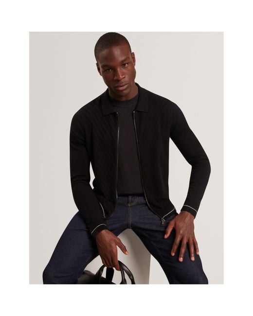 Ted Baker Black Long Sleeve Stitch Zip Through Knitted Top for men