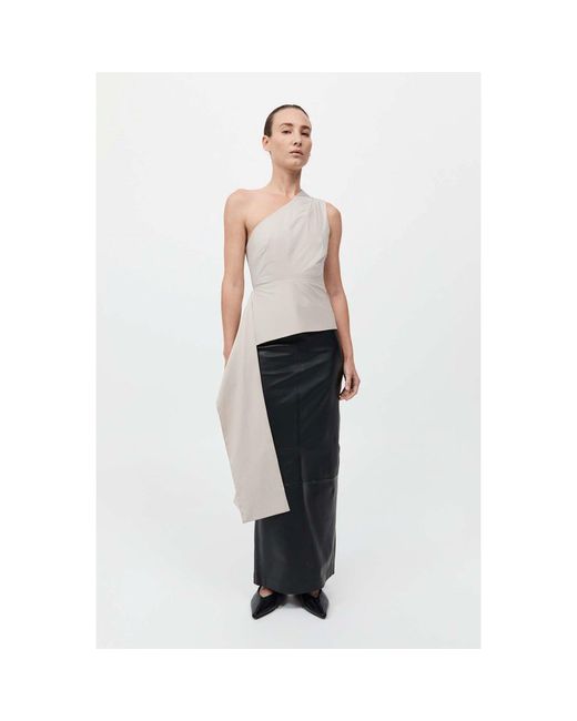 St. Agni White High Neck Draped Peplum Short Sleeve Crop Top