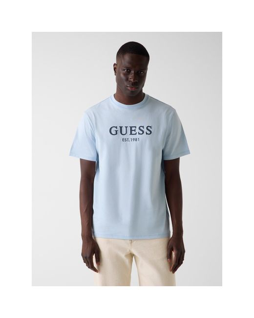 Guess Blue Regular Fit Embroidered T-Shirt for men