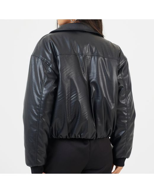 Brave Soul Black Bs Oversized Faux Leather Bomber Jacket With Collar