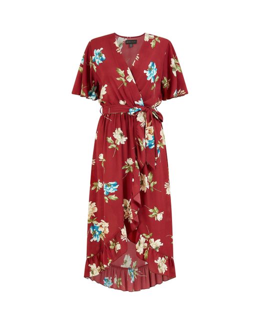 Mela London Red Floral Dip Hem Wrap Midi Dress