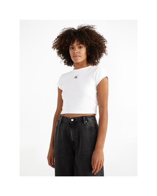Calvin Klein White Mono Rib Cropped T Shirt