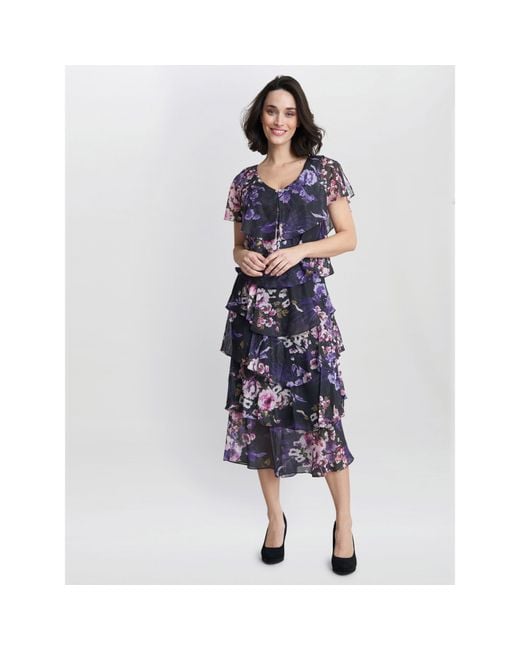 Gina Bacconi Blue Leticia Floral Print Midi Tiered Dress