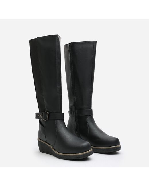 Where's That From Black Wheres Knee High Wedge Boots With Strap And Buckle