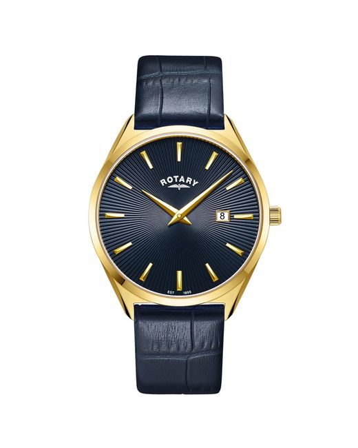 Rotary Blue Ultra Slim Ss Leather Strap Watc for men