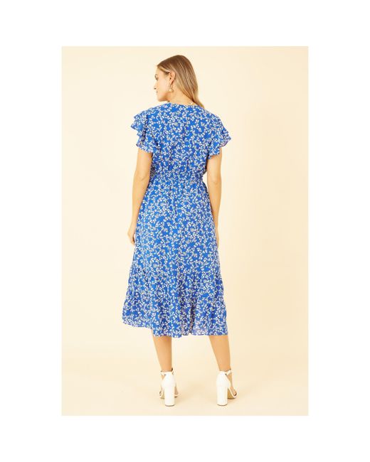 Yumi' Blue Ditsy Print Frill Detail Midi Dress