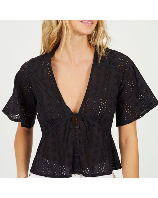 Brave Soul Black Bs Broderie Anglaise Short Sleeve Shirt With Front Tie Detail