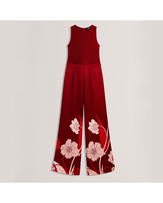 Ted Baker Red Knit Bodice Floral Printed Trouser Jumpsuit