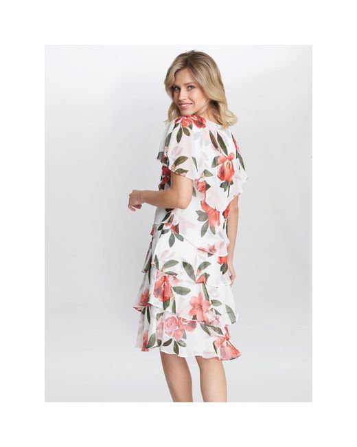 Gina Bacconi White Andie Floral Print Tiered Dress