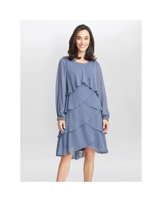 Gina Bacconi Blue Sakura Long Sleeved Tiered Dress
