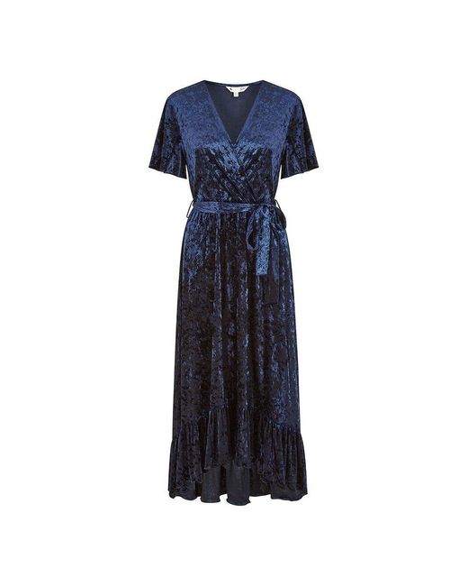 Yumi' Blue Velvet Wrap Over Midi Dress