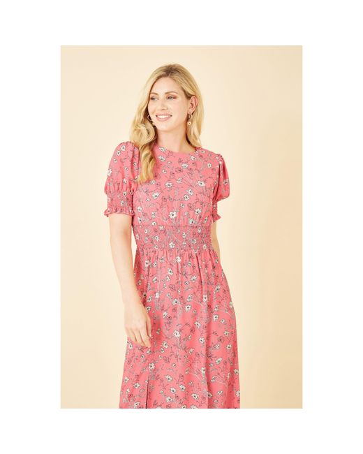 Mela London Pink Floral Ruched Waist Midi Dress