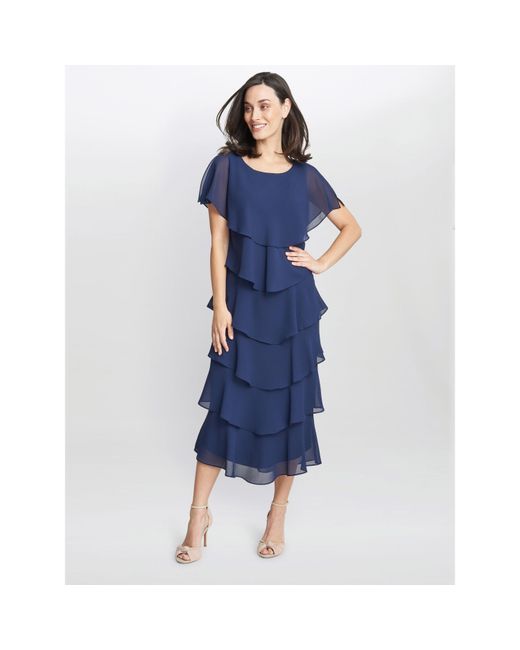 Gina Bacconi Blue Tessa Midi Tiered Cocktail Dress