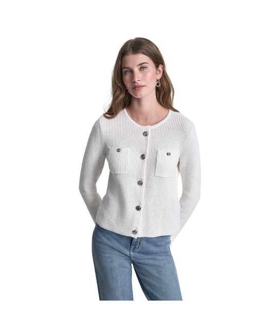 DKNY Gray Jeans Tuck Stitch Crew Neck Cardigan W/ Regal Buttons