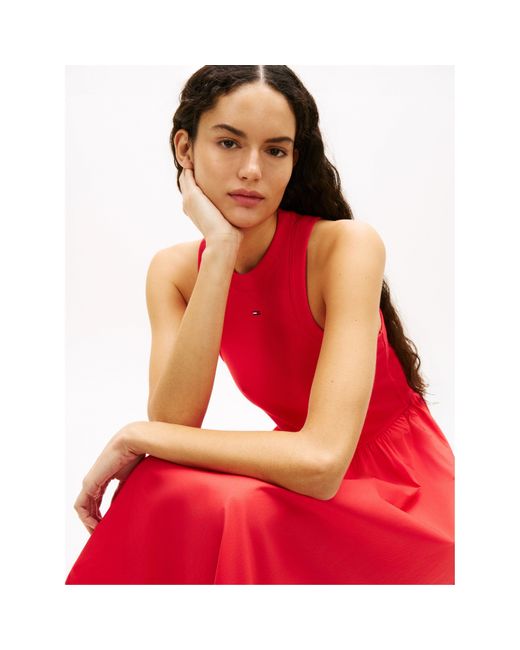 Tommy Hilfiger Red Slim Sleeveless Poplin Maxi Dress