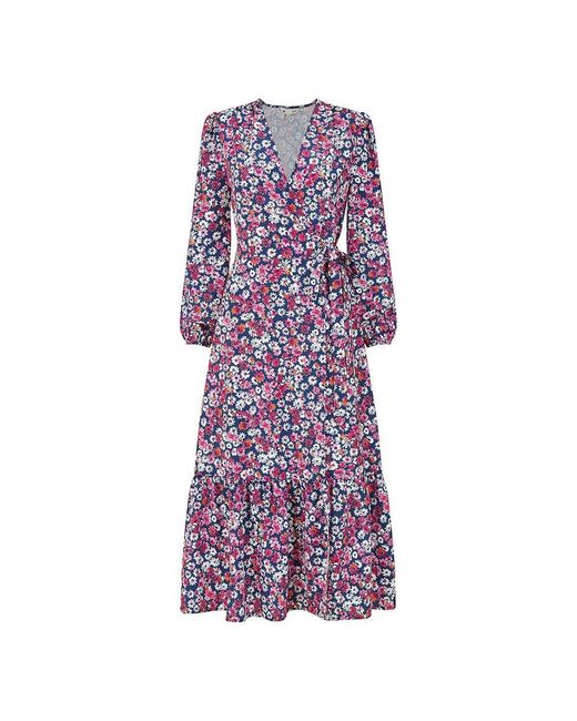 Yumi' Purple Daisy Print Midi Wrap Dress