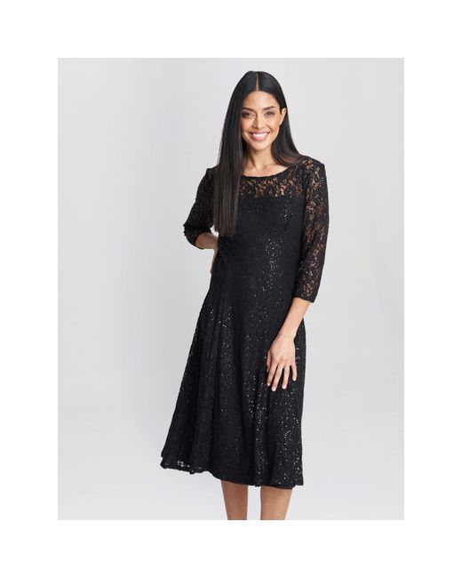 Gina Bacconi Black Elianna Midi Sequin Lace Cocktail Dress