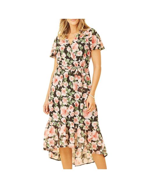 Mela London Metallic Floral Dipped Hem Wrap Dress