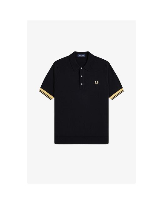 Fred Perry Black Knitted Cuff Short Sleeve Polo Shirt for men