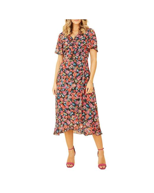 Yumi' Red Floral Midi Wrap Dress