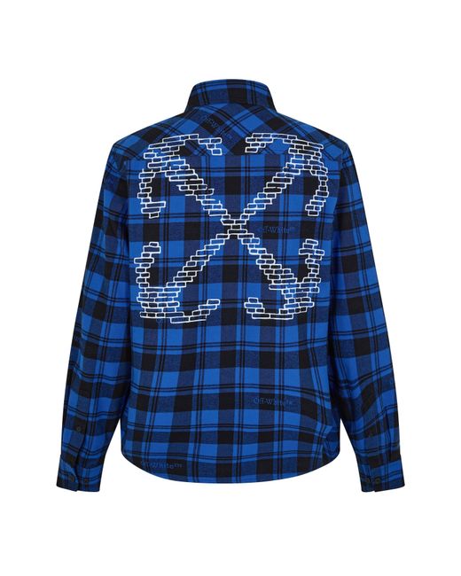 Off-White c/o Virgil Abloh Blue Arrow Plaid Cotton Long Sleeve Embroidered Shirt for men