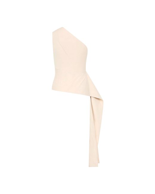 St. Agni White High Neck Draped Peplum Short Sleeve Crop Top