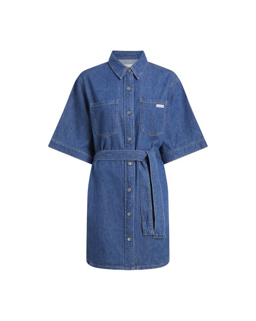 Calvin Klein Blue Linen Boxy Belted Wrap Dress