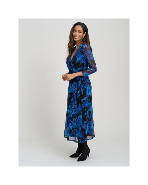 Gina Bacconi Blue Indie Floral Mesh Wrap Midi Dress