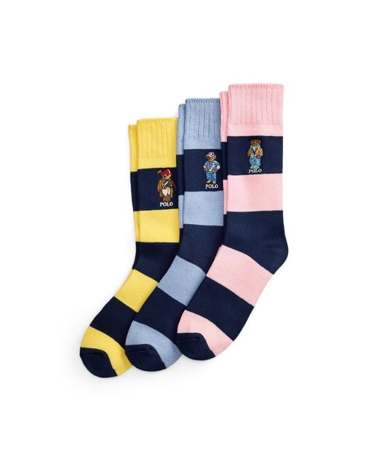 Ralph Lauren Blue Polo Bear Striped 3-Sock Gift Set for men