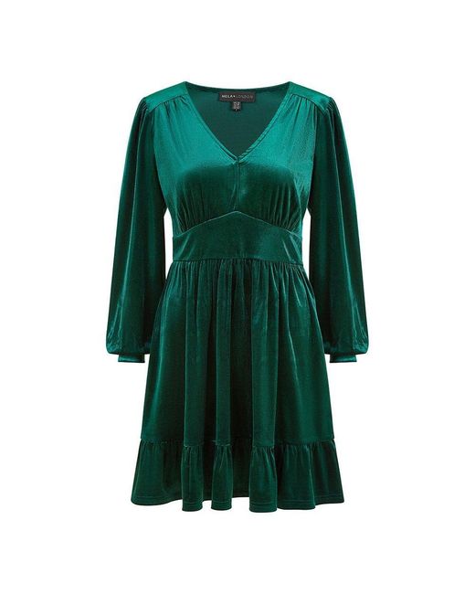 Mela London Green Velvet Long Sleeve Skater Dress