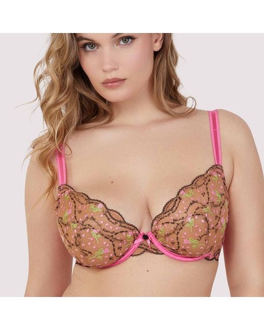 Playful Promises Pink Spank Me & Nude Embroidery Plunge Bra