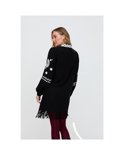 Raffya Black Katie Fringe Embroidered Mini Dress