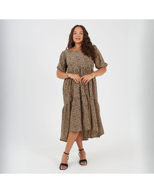 Brave Soul Brown Plus Size Short Sleeve Animal Print Midi Dress With Tiered Hem