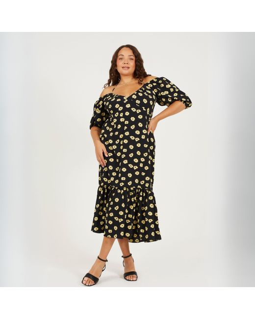 Brave Soul Black Plus Size Tiered Floral Midi Dress With Adjustable Sleeves